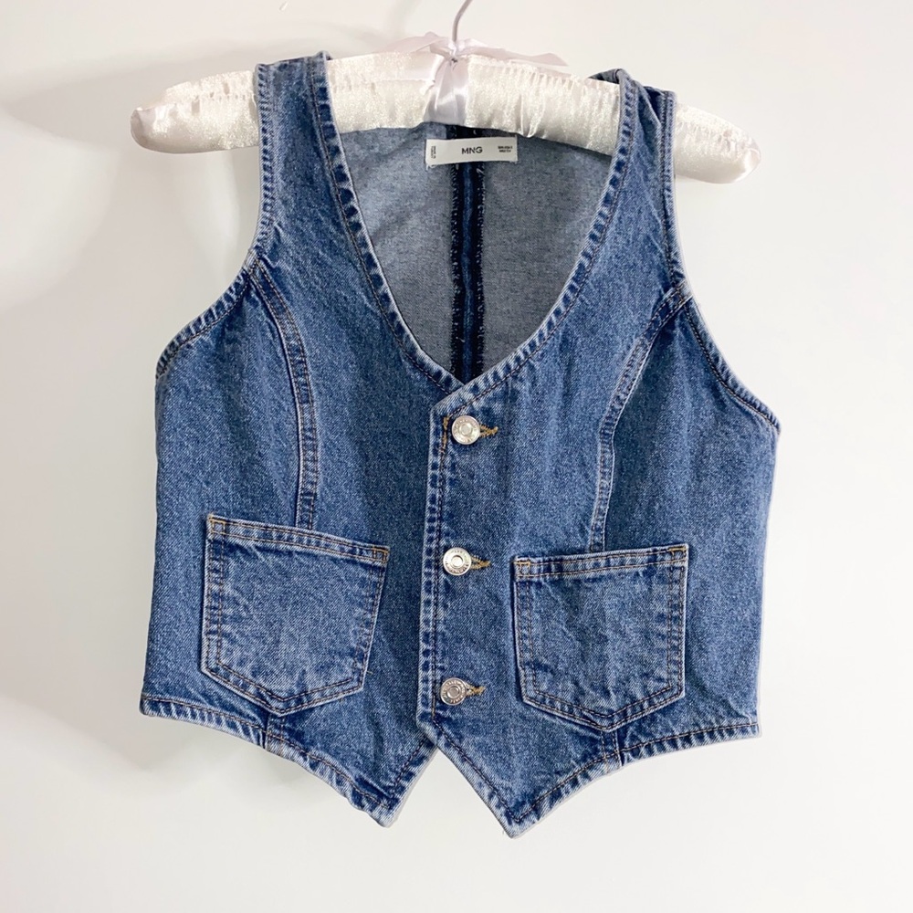 Mango Blue Denim Waistcoat Vest S Small Cotton Button Front